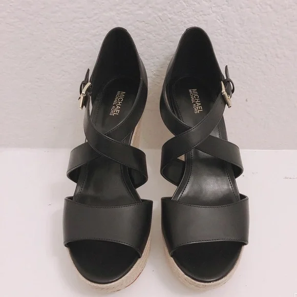 NEW Michael Kors Leather Wedge Sandals Espadrilles Black, Size 9.5 Retail $139 - Picture 6 of 13
